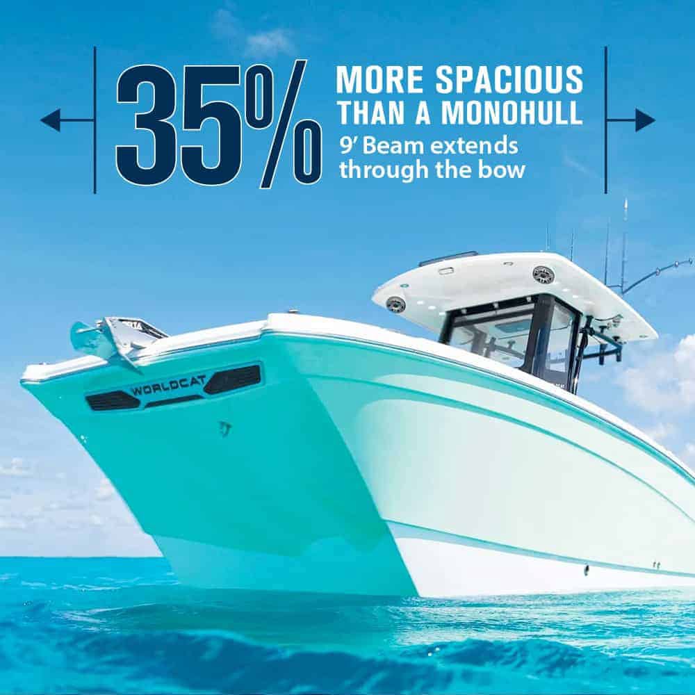 World Cat 260CC-X anchored in a lagoon with guests celebrating a fishing catch.