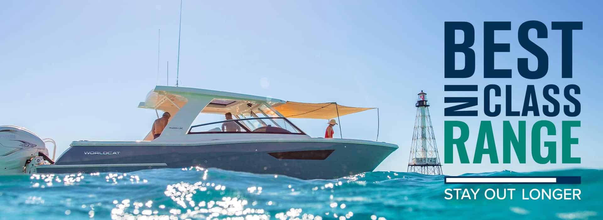 World Cat 400DC-X cruising at sunset with friends and family enjoying the luxurious amenities and spacious layout.